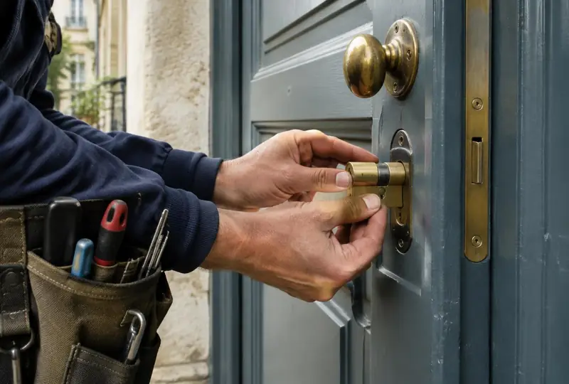 Serrurier remplaçant le cylindre d'une porte d'entrée à Louviers